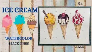We draw three ice creams in waffle cups.