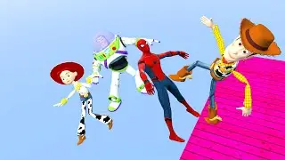 Gmod Ragdolls Falls Woody, Buzz, Jessie from Toy Story and Spiderman