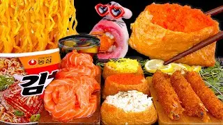 Salmon Noodles, Spicy Ramen, Tofu Sushi, Fried Shrimp Mukbang | REALMOUTH's ASMR MUKBANG