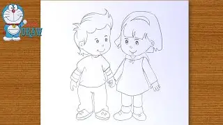 drawing a children holding hands pencil sketch||step by step||outline art master