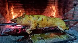 Fireplace Relaxing Piglet Spit Roasting 4K Video