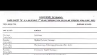 University Of Jammu Datesheet Of B Sc Nursing 2nd year Examination Regular Session May June 2023