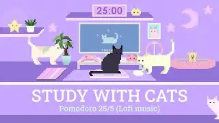 Study with Cats 💜 Pomodoro 25/5 x Animation | Focus 1 hour with Calm Lofi | Cute purple desk setup ♡