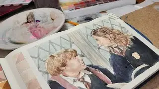 Sketchbook artcreation/ Рисую Гермиону и Рона акварелью/ слушаю аудиокнигу Гарри Поттер и Орден Ф(1)