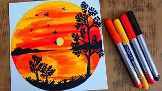 Sunset Drawing with Brush Pens / Easy Drawing with Brush Pens / Easy Drawing for Beginners