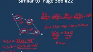 Page 386 #22 and 29.  Calculating the individual angles of a quadrilateral