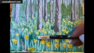 Acrylic Painting of Daffodils in the Forest, Real time Relaxing Art Process