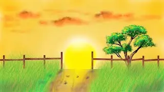 Esay drawing sunset, tree and grass