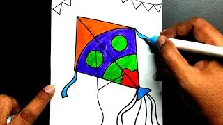 How to draw Kite easy step by step | Step by step color flying Kite drawing | Kite drawing for kids