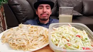 CHEESY PASTA, FETTUCCINE ALFREDO WITH A SALAD AND FRESH LEMONADE, MUKBANG EATING SHOW