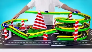So Cool! We Build Cardboard Track For Race Cars With Lots of Parking