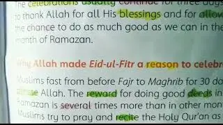Eid by small girl reading Oxford text