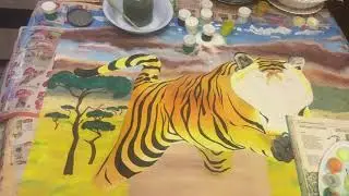 Написание шедевра на формате А2 прыгающего тигра из кустов в саванне на фоне эпического заката