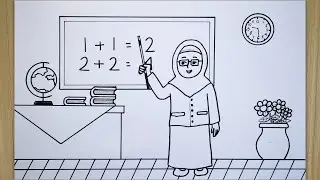 Cara menggambar guru berhijab sedang mengajar