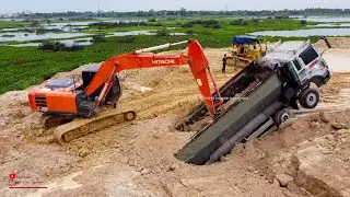 Unexpected Hyundai Trucks Fail Unload Of Landslide​​ And Recovery By Excavator Dozer KOMATSU Push UP