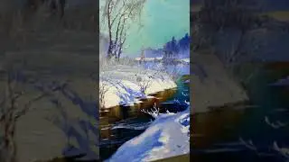 Зимний пейзаж с речкой, живопись