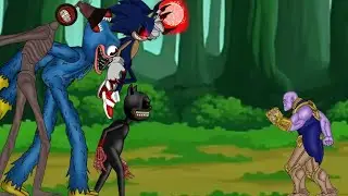 Cartoon Cat,Siren Head, Huggy Wuggy and Sonic.exe Vs Thanos