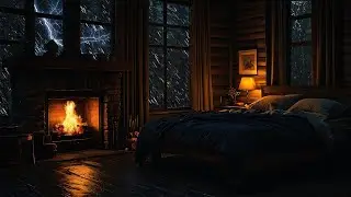 Rain Falling in Cabin with Crackling Fireplace for a Restful Night and Calming Ambience