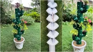 DIY CACTUS SHAPED PLANTER FROM PLASTIC PVC PIPE | BALCONY DECOR IDEAS | HOMEMADE VERTICAL PLANTER