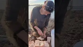 Using a traditional Inuit knife to cut whale blubber