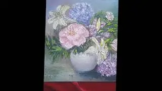 Original Art oil painting of a bouquet of hydrangeas, peonies and lilies