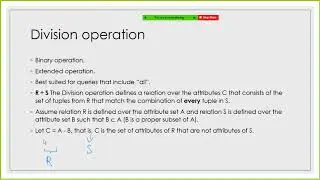 Division operation, Aggregation operations, query tree in relational algebra