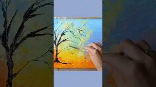 Ветки дерева мастихином и масляными красками.  Процесс создания картины 