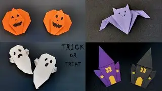 Halloween Origami & Paper Crafts | Origami Paper Pumpkin, Bat, Ghost & Ghost house