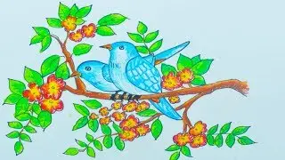 Como Dibujar y Colorear Dos pájaros en el árbol - Dibujos Para Niños con Aprender Colores