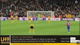 Ruben Neves smashes penalty to score winning goal. Wolves v Palace. Includes 'We've Got Neves' song.