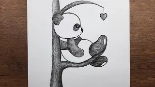 Ağaçta oturan sevimli panda resmi çizimi - Kolay karakalem çizimleri nasıl çizilir