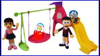 Slide And Swing With Egg Surprise Kinder Joy egg Toys For Children Doraemon Nobita Shizuka Mickey