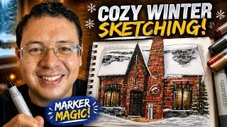 MASTERING Winter Sketching Techniques with Copic Markers! | Drawing a COZY WINTER House with Snow!