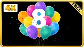 Balloons number 8 with confetti birthday black screen loops