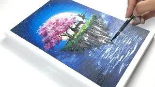 How to Paint Floating Island / Full Moon / Couple / Acrylic Painting for Beginners / Step By Step