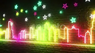 Shimmering Neon Night City Against a Brick Wall with Stars and the Moon. Night City Concept | Mo...