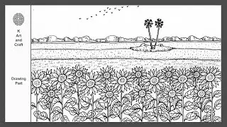 Pen drawing sunflower field/ easy draw landscape with sunflowers for beginners (Step by step)