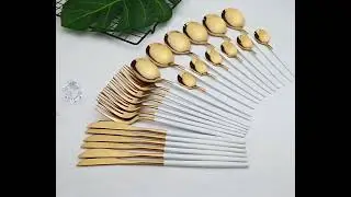 24pcs White Gold Dinnerware Set Stainless Steel Knife Fork Spoon Cutlery Set Kitchen Tableware Set