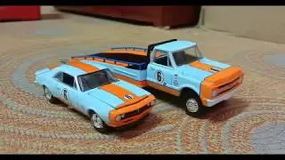 Greenlight HD  Trucks Series 18   1967 Chevrolet C 30 Ramp Truck Gulf Oil with 1967 Chevrolet Camaro