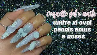 COQUETTE GEL X NAILS || WHITE XXL OVAL NAILS PEARLS,BOWS AND ROSES