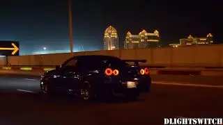 R34 Nissan Skyline GT R FLAMES at night!