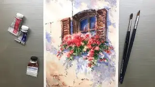 Watercolor Painting - Bunch of Geranium on the Widow, Light and Shadow- Tutorial Step by Step
