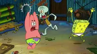 Squidward, Spongebob, and Patrick running in circles hooting like cavemen and monkeys 5 minutes