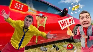 I played a prank on my brother Mr. Joe and Taped a Handle on his sports car VS funny video for kids