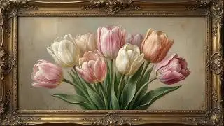Pastel Tulips Bouquet Oil Painting | Gold Framed 4K Art Screensaver | Spring Floral TV Wallpaper