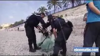 Multirotor drone crashes on beach in Nice, France