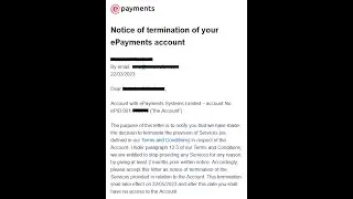Notice of termination of your epayments account