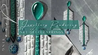 JEWELLERY DRAWING | GOUACHE | ART DECO EARRINGS | EMERALD CABOCHON, ROUND SAPPHIRE, BAGUETTE DIAMOND