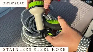 Stainless Steel 50' Garden Hose by Unywarse - Kink proof, includes nozzle spray head and washers