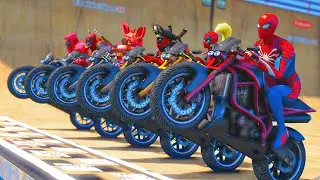 All RED TEAM (SPIDER MAN, DEADPOOL, DEADGIRL, DR DOOM) Motorbike Challenge Jump over the City #1031